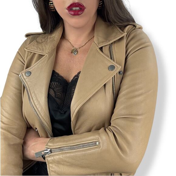 L.P.C Linea Pelle Collection tan lamb leather motorcycle jacket fitted - Picture 14 of 16